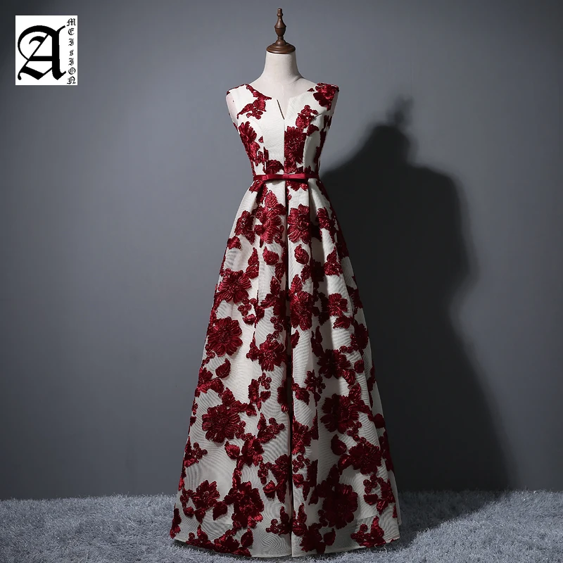 

Ameision 2019 Robe De Soiree Party Dress Elegant O-Neck A-Line Floor length Lace Evening Dress Cheap Embroidery Prom Dresses