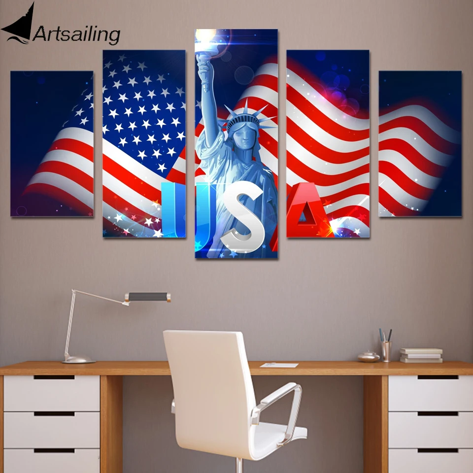 HD print 5 piece canvas art painting USA flag wall picture for living