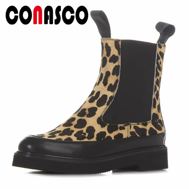 

CONASCO Newest Leopard Ankle Boots Top Quality Horsehair Thick High Heels Autumn Winter Shoes Woman Short Motorcycle Boots