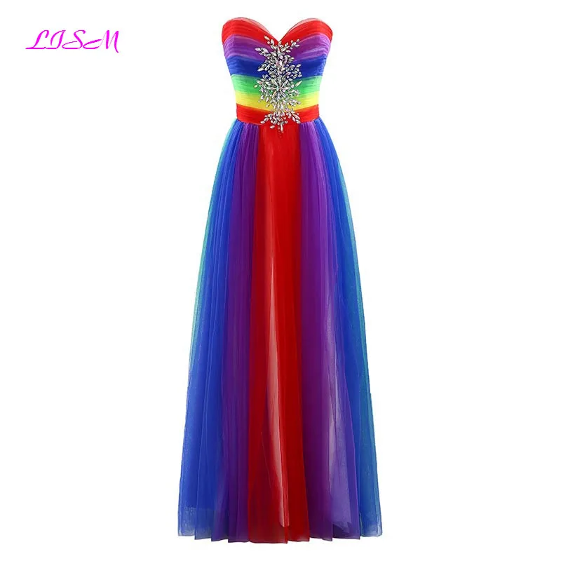 

Real Photos Rainbow Color Long Bridesmaid Dresses vestido longo Sweetheart A-Line Crystals Tulle Prom Dress Zipper up Party Gown