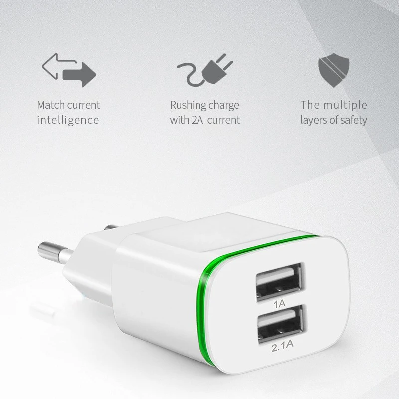 مصباح ليد الهاتف المحمول شاحن 2 منافذ USB 5 فولت 2A الاتحاد الأوروبي التوصيل محول حائط جهاز مايكرو بيانات الشحن ل فون 4 5 6 باد سامسونج