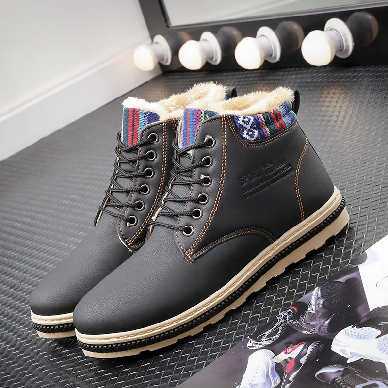 QWEEK Men Ankle Winter Warm British Style Short Plush Flats Fashion Male Work Shoes Lace Up Snow Boots Casual Martin | Обувь
