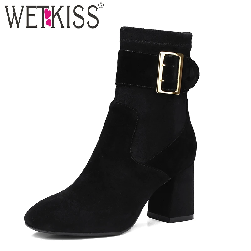 

WETKISS 2019 New Arrival Kid Suede Spring Ladies Ankle Boots Buckle Strap Square Toe Footwear High Heels Fashion Women Shoes