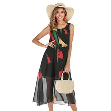 2019 women summer dress fashion chiffon printed one piece dress sleeveless floral loose mid calf dress