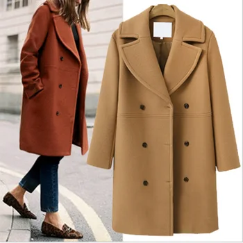 

2019 Autumn And Winter New Women's Woollen Overcoat In Middle-Long Pattern V Collar Solid Color Female Warm England Lady Coat