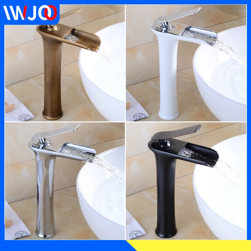 Tall Basin Faucets Waterfall Bathroom Faucet Single Handle Basin Mixer Tap Bath Antique Faucet Brass Sink Water Hot and Cold Tap