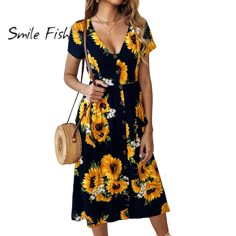

Summer Bohemian Knee-length Women Sundress Sunflower A-line Short Sleeve Pockets Midi Dresses Floral Print Boho Beach Robe GV091