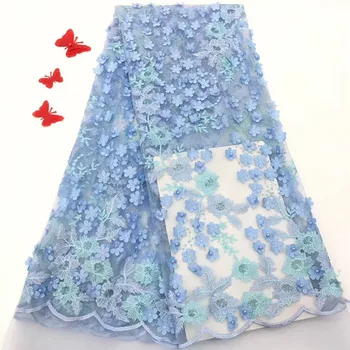 

african 3d lace fabric african lace fabric 3D Flower 2019 high quality lace white color with beads french lace fabric Sky Blue