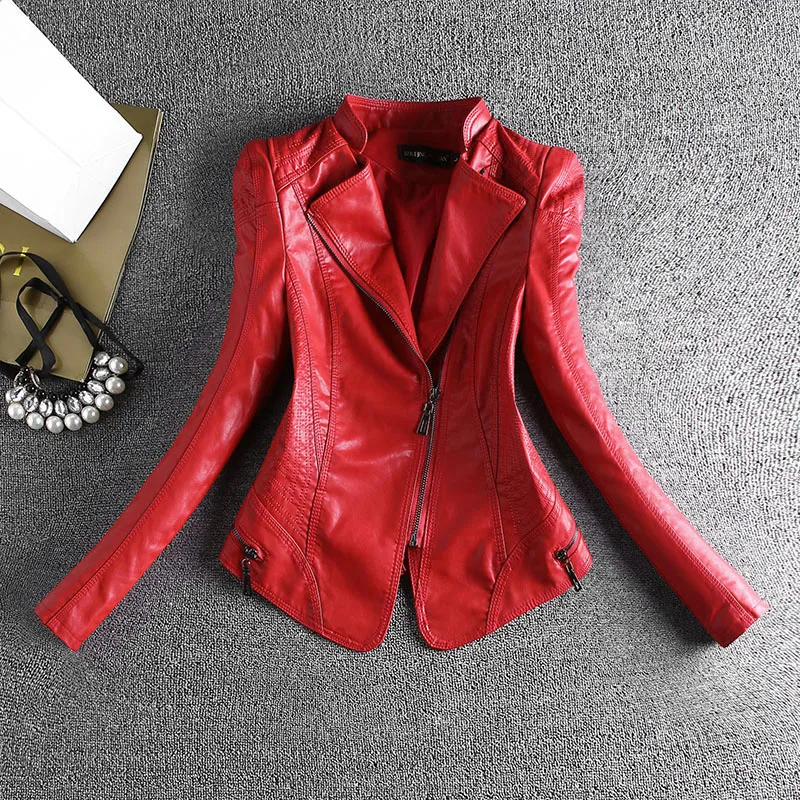 

Female 2018 Spring New Zipper Washed Pu Leather Stitching Slim Jacket Collar Short Paragraph Small Coat Red M-XXXL