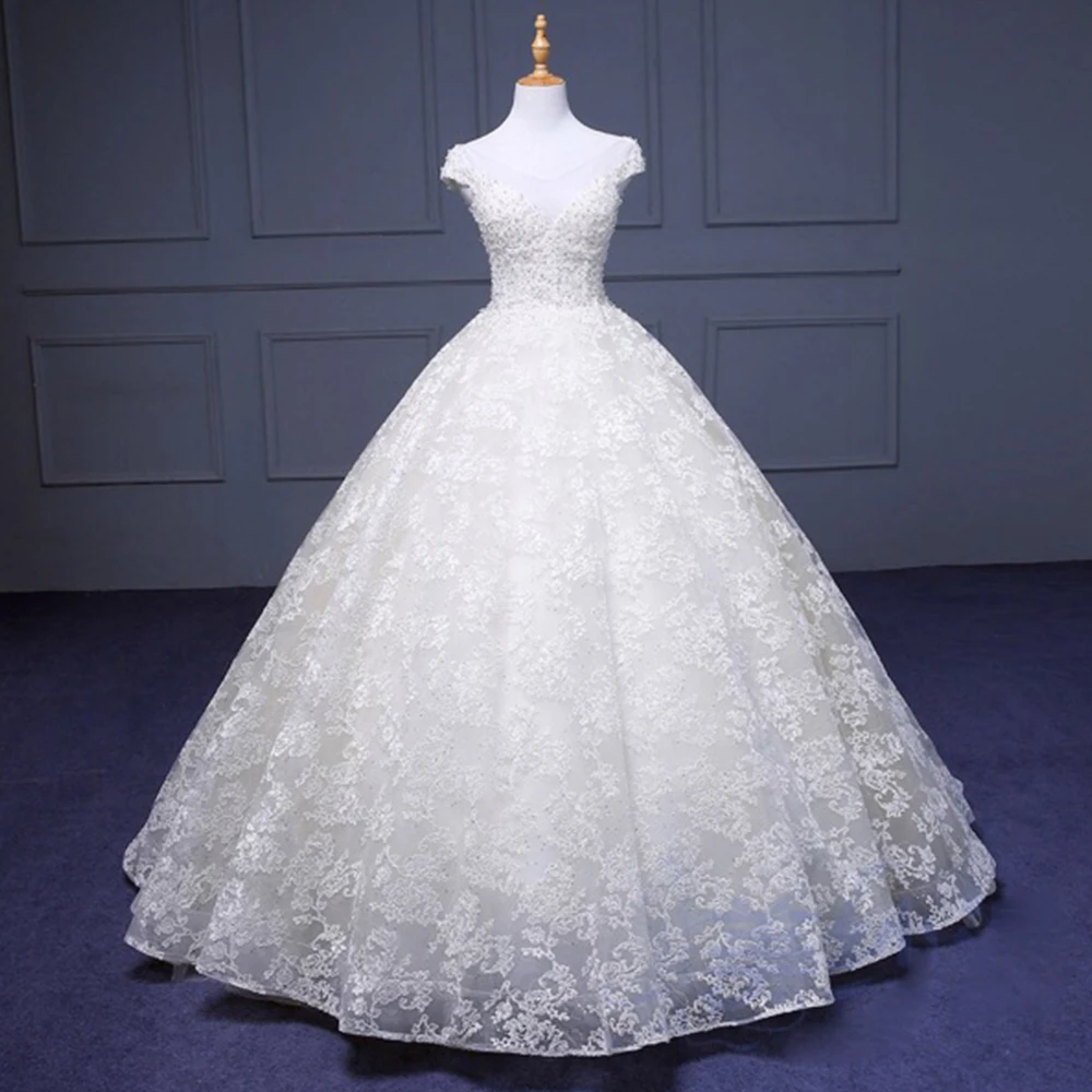 Vestido De Noiva Princesa, изготовленный на заказ, v-образный вырез, рукав-колпачок, открытая спина, жемчуг, аппликация, кружева, принцесса, бальное платье, свадебные платья