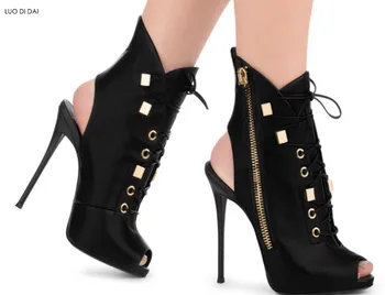 

2019 sexy ladies ankle boots fashion peep toe boots suede leather summer booties thin heel party shoes women metal decoration