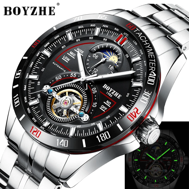 

BOYZHE Tourbillon Mechanical Watch Men Automatic Moon Phase Watch Business Mechanical Self Winding Mens Fashion Wristwatch Clock