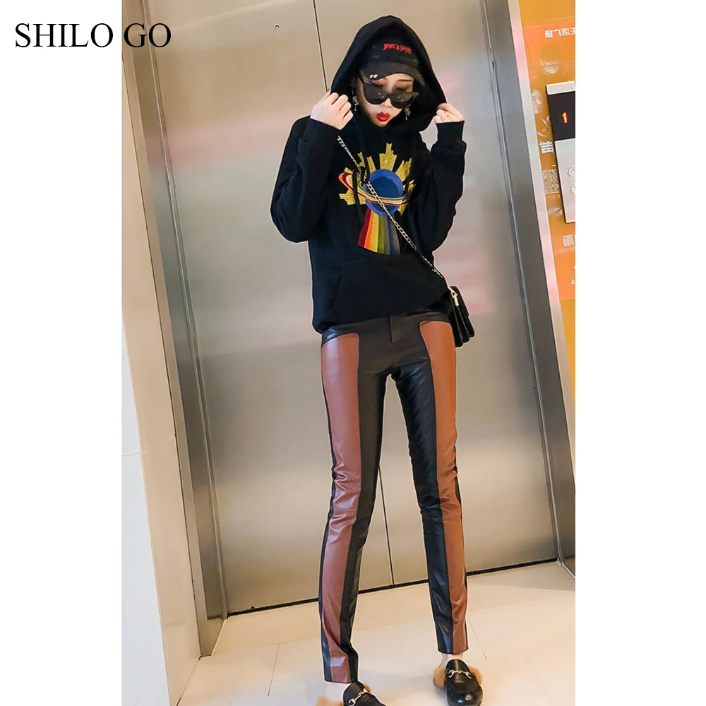 SHILO GO Leather Pants Womens Spring England sheepskin genuine leather Pants high waist hot color spliced sexy pencil pants