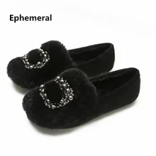 Зимняя женская обувь на плоской подошве, украшенная бусинами и кристаллами, с круглым носком, без шнуровки, с кроличьим мехом, плюш, черный, серый цвет, Mujer, большие размеры 43, 34, черный