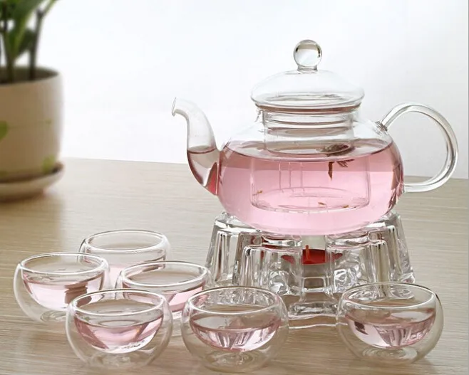 Горячая Распродажа, китайский стеклянный чайный сервиз, 1 чайный сервиз с 6 двойными стенками, 600 мл, термостойкая стеклянная чайная посуда, набор