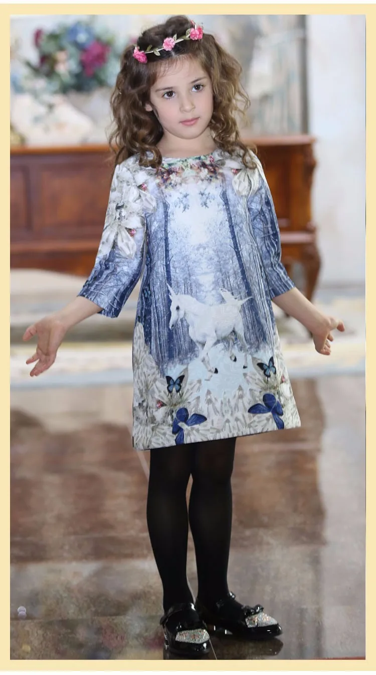 Весенне-осеннее платье для девочек с принтом единорога и бабочек; хлопок; Детские платья принцессы для девочек; детская повседневная одежда; От 3 до 12 лет