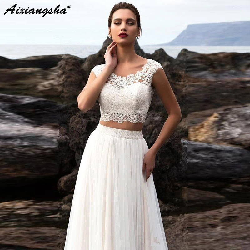 

Simple Wedding Dress 2019 2 Pieces A Line Appliques Lace Tulle Skirt Custom Made Beach Bride Dress Floor Length vestido de noiva