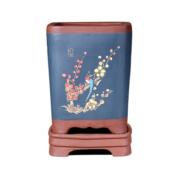 

Wholesale Chinese style Purple Clay flower pot,Square Orchid Pot Balcony Green plants pot hand-colored bonsai Pot with Tray
