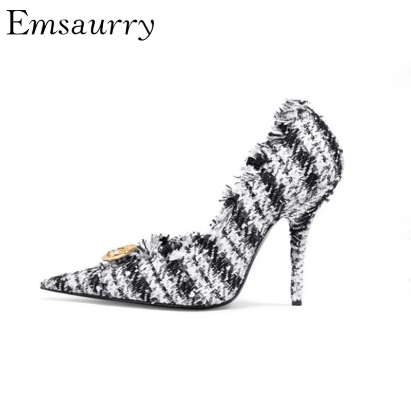 

White Plaid High Heeled Pumps Knitting Fabric Gold Button Pointed Toe Kitten Heel Shallow Slim Heels Women