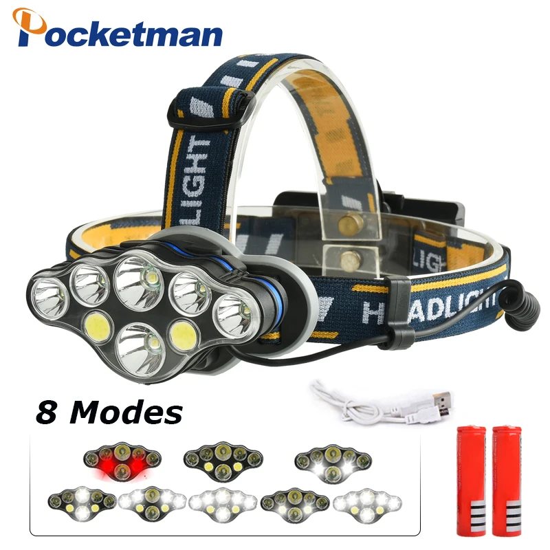 

20000lm COB LED Headlight +T6 Headlamp 8-Mode USB Camping Torch 5/6/7/8 LED for 18650 Battery Waterproof Camping Flashlight