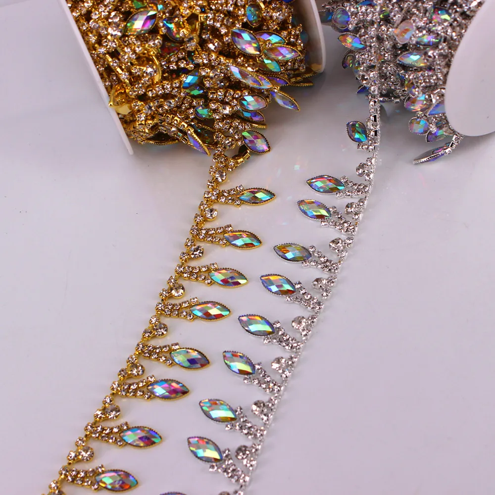 Bridal Dress Decoration 1 yard Shiny AB Crystal sewing on bridal belt applique birthday cake decoration Holographic Rhinestone Bridal Trim Fashion Chain