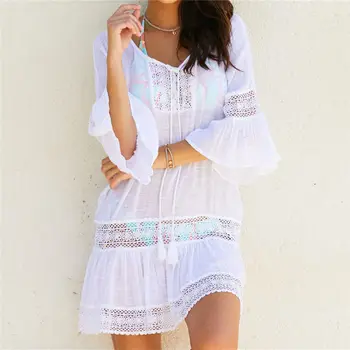

Lace Beach Dress Casual Bamboo Cotton Summer Women Beach Tunics Crochet Robe Femme Mini Vestidos