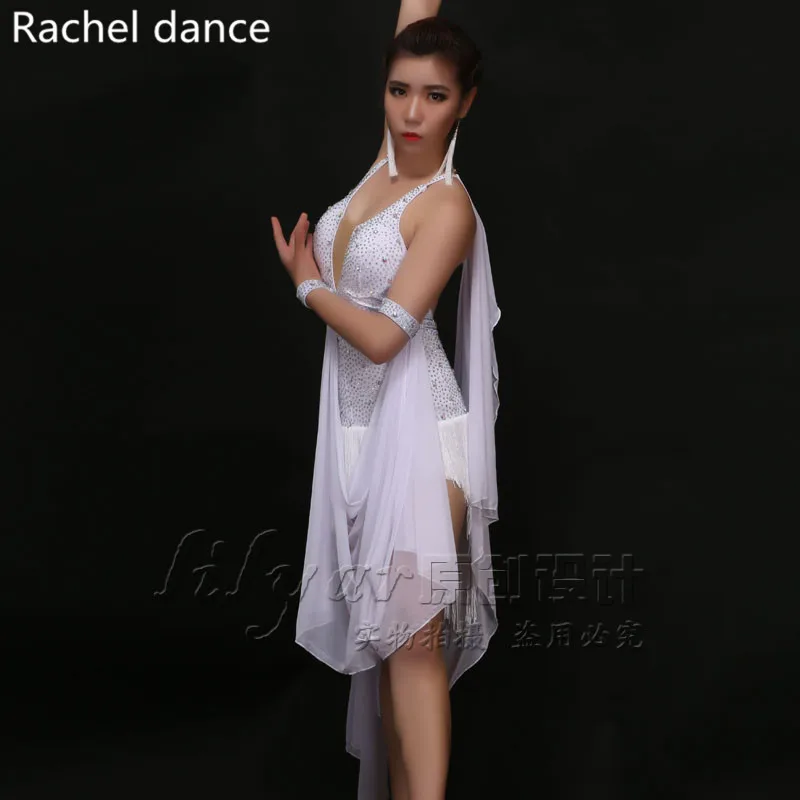 

2017 Latin Dance Dress Women Harness Fringe Back Opening Irregular Salsa Tango Rumba Flamengo Latin Dance Competition Costumes