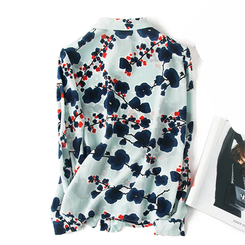 Винтажная Женская шелковая блуза с цветочным принтом, натуральный шелк, топы и блузки, женские элегантные шелковые блузы с длинным рукавом