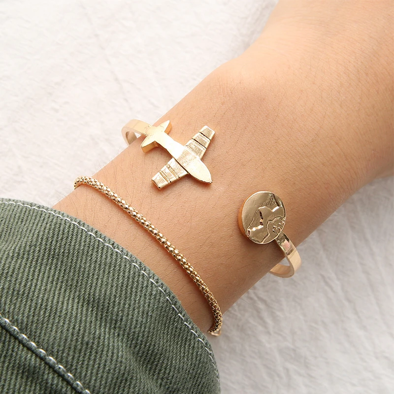 

Sale 2PCS Metal Open Airplane Bracelet set For Women Fashion Gold World Map Bracelet Chain Charm Party Wedding Jewelry
