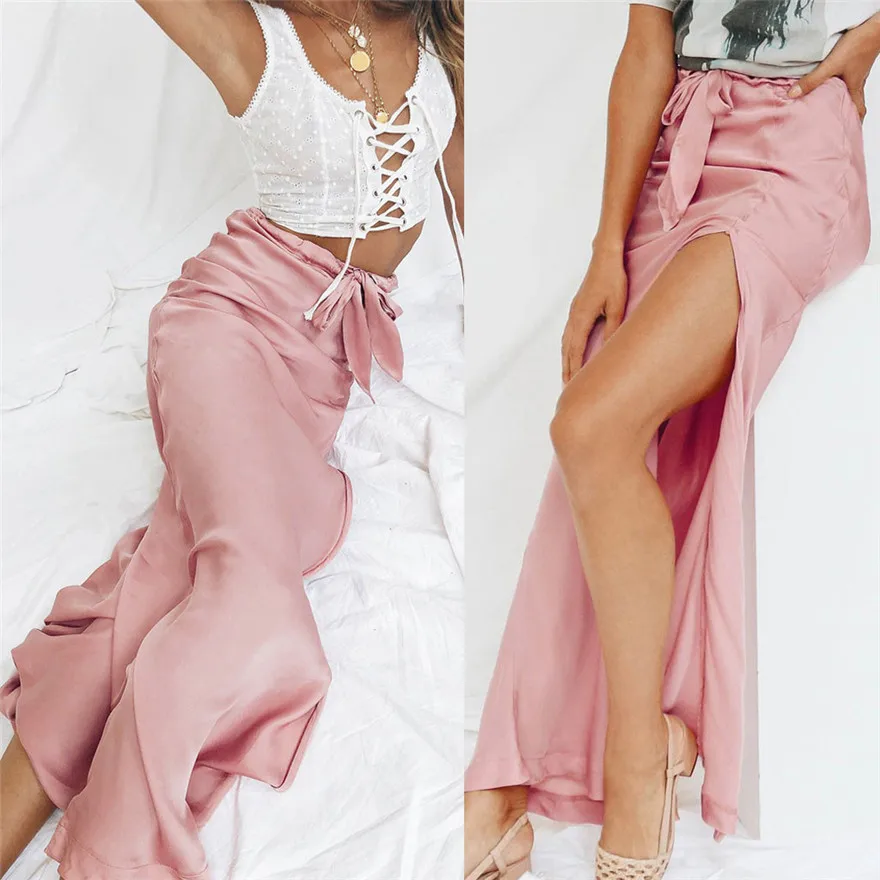 Женская юбка женская летняя мода розовая Высокая талия Сексуальная Бандаж с вырезами Коктейльная Клубная длинная юбка