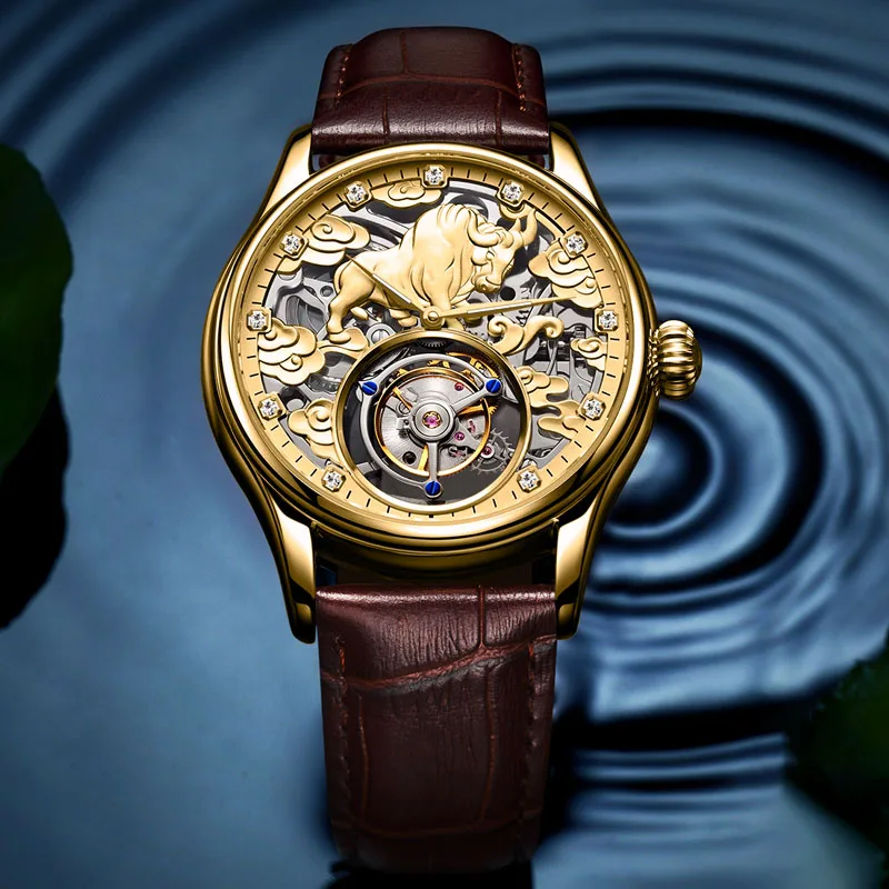 Бренд зодиакальные животные Lucky Memorial коллекция Tourbillon ручные механические часы 3D стерео резные мужские часы Relogio - Цвет: Золотой