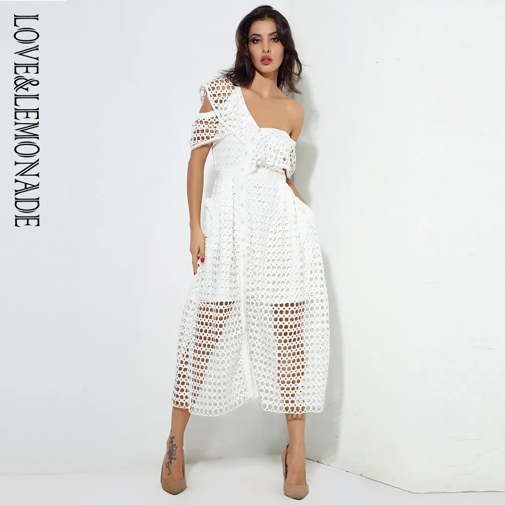Женское кружевное платье LOVE & LEMONADE белое с одним открытым плечом и листьями