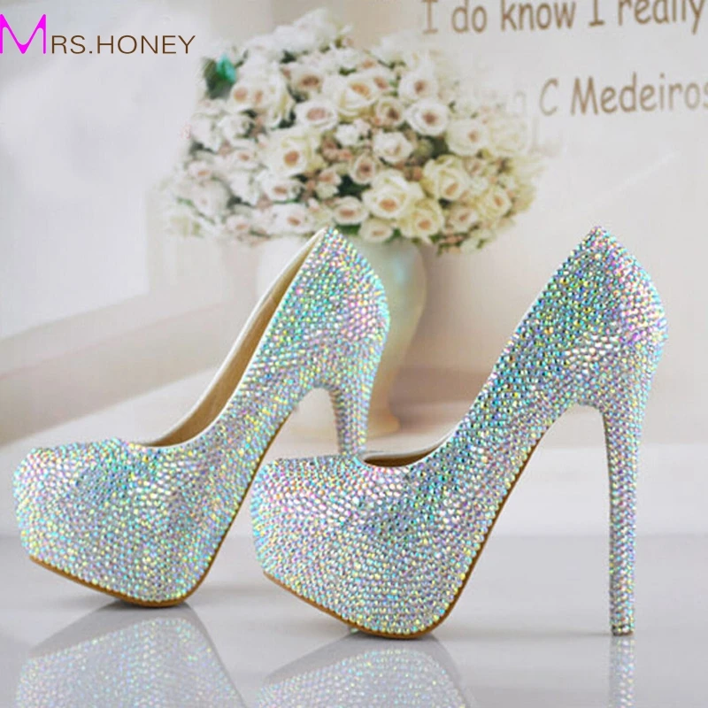 Size 34-43 Wedding Bridal Shoes AB Crystal Bling Bling Cinderella Shoes Amazing Bridal High Heels Prom Evening Party Pumps