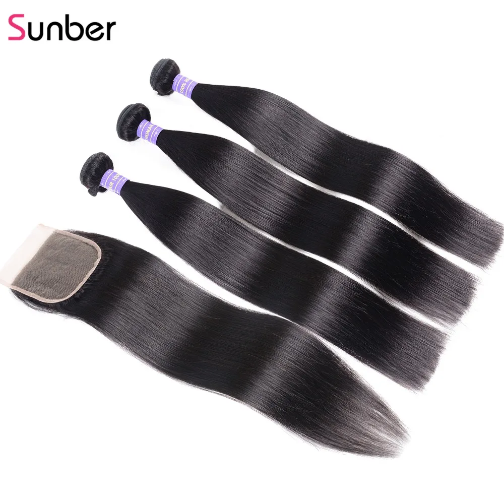 Sunber волосы, малазийские прямые волосы, 3 пряди, с закрытием, натуральный цвет, высокое соотношение, волосы remy, вплетаемые пряди на шнуровке