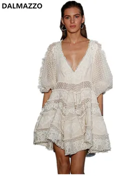 

2018 Summer Brand Design Women Runway Lace Embroidery Lantern Sleeve Deep V Neck Dress Ladies White Wave Point Perspective Dress