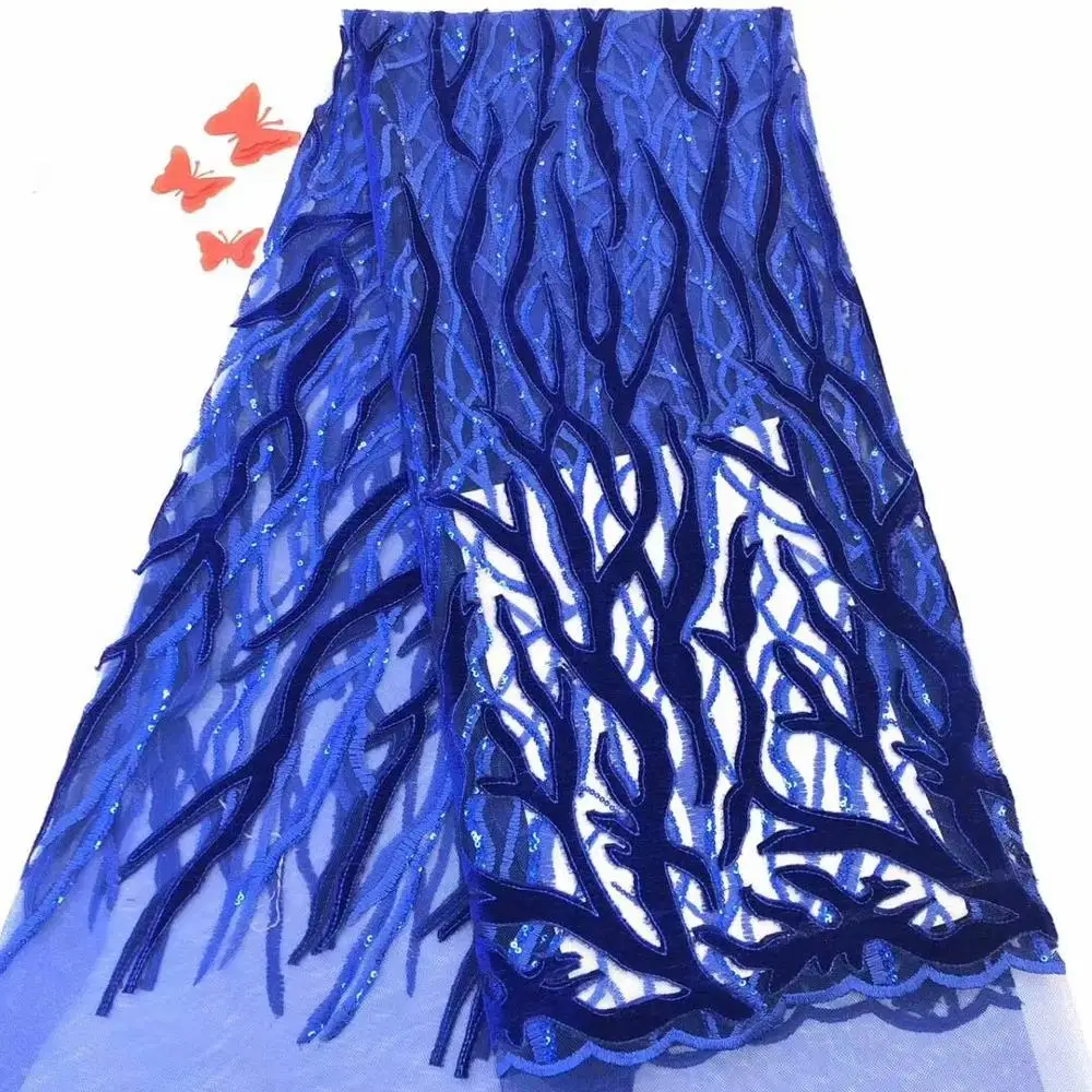 

High Quality Tulle Lace Blue Color African Lace Fabric With Velvet + Sequins African French Wedding Lace Fabric For 5yards