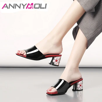 

ANNYMOL Women Slippers Summer Shoes Natural Genuine Leather Thick High Heels Shoes Cow Patent Leather Flower Slides Lady Sandals
