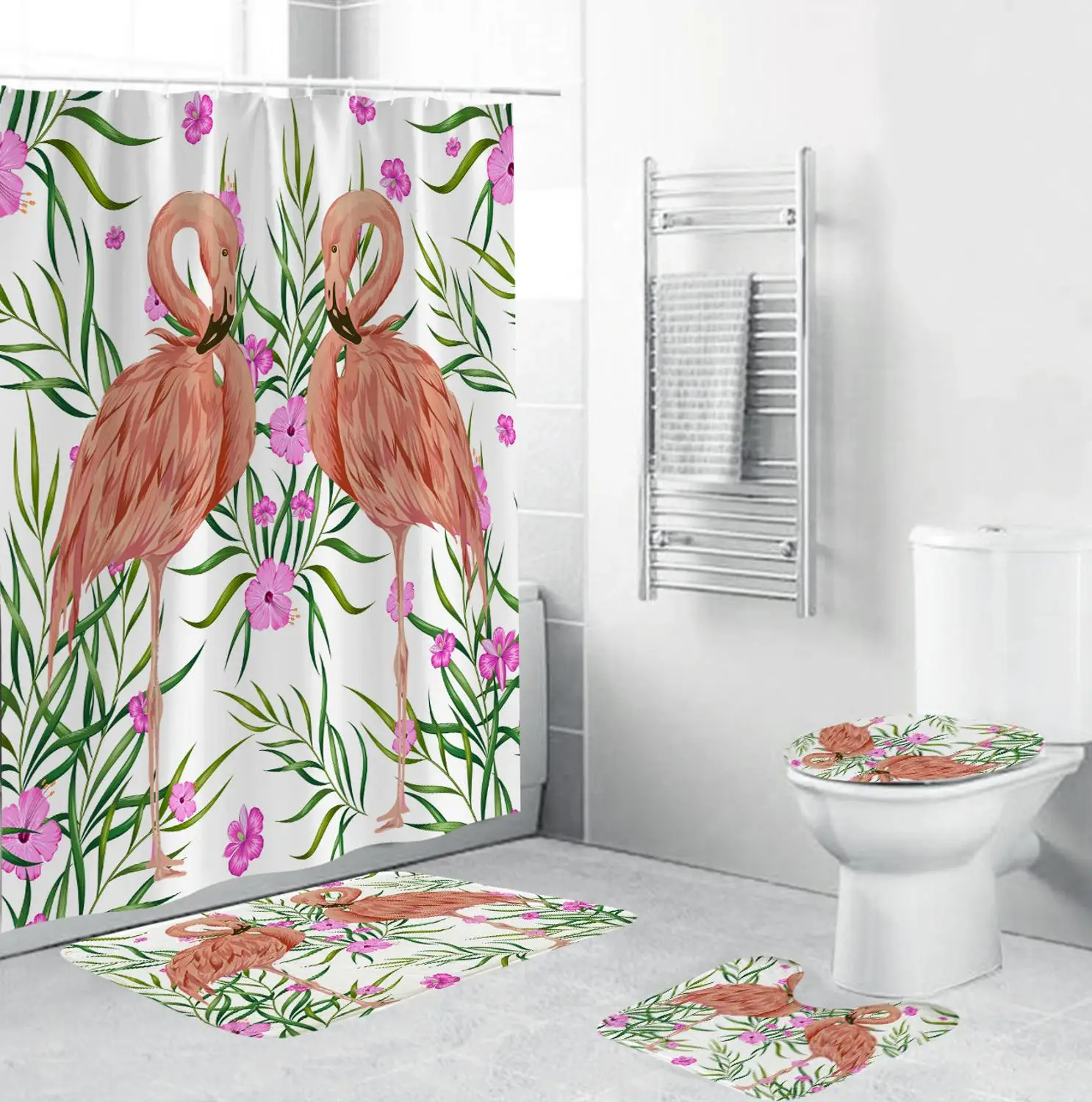 

180x180cm 4Pcs/Set Carpet Bathroom Foot Pads Flamingo Bath Mats and Shower Curtains Set PVC Toilet Toilet Seat Covers Home Decor