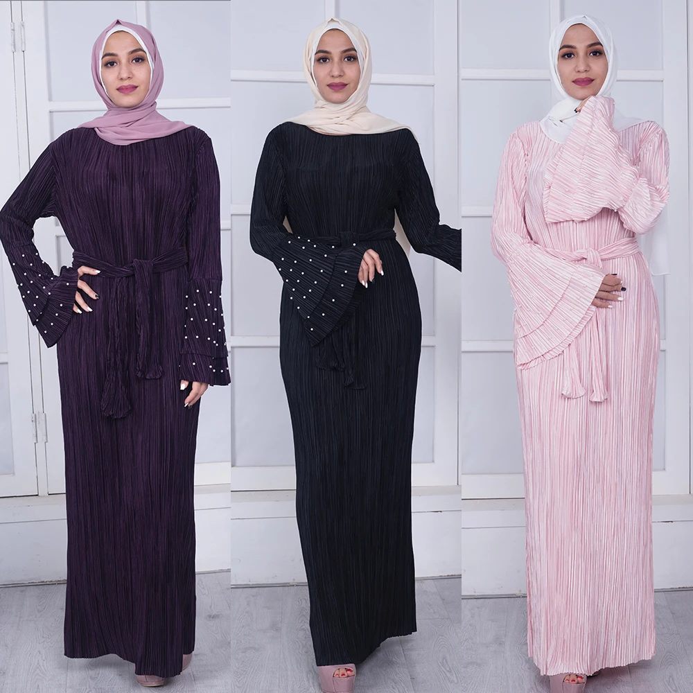 

Muslim Arab Ramadan Islamic Prayer Clothing Worship Service Beading Abaya Pleated Maxi Dress Flare Sleeve Long Robe Gowns Kimono
