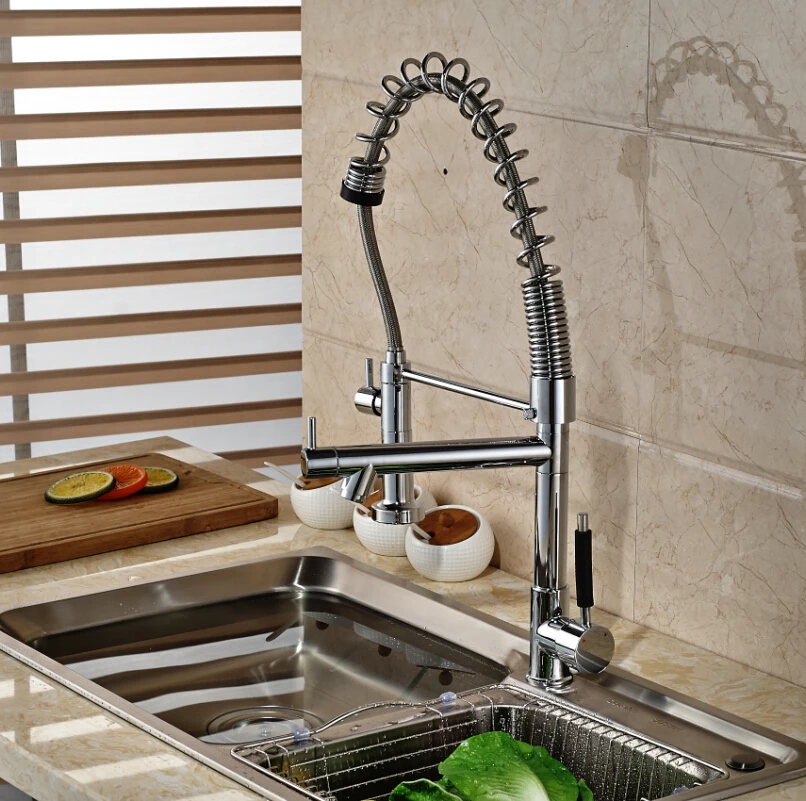 Luxury Chrome Brass Dual Spout Nozzle Kitchen Sink Faucet Deck Mount