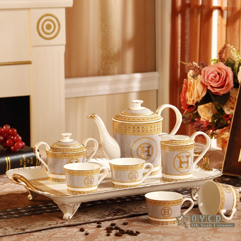 

Porcelain coffee set bone china "H" mark mosaic design outline in gold 8pcs European tea set coffee pot coffee jug tea tray