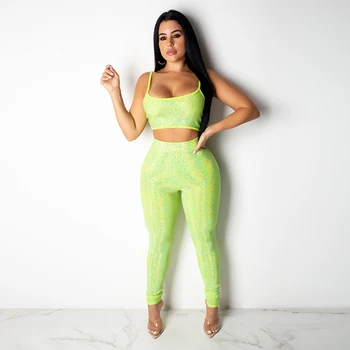 

RAISEVERN Women Fashion Reflective Casual Fitness Two Piece Sets Famale Sleeveless Crop Top High Waist Elastic Long Pants Suits