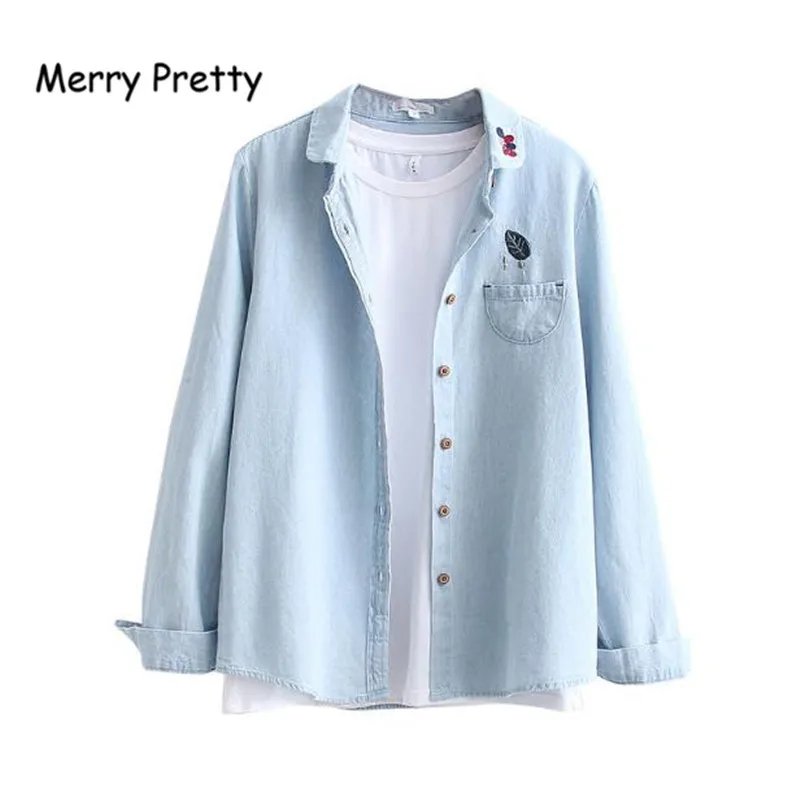 

Merry Pretty Autumn Women Leaf Embroidery Jeans Shirts Long Sleeve Peter pan Collar Denim Blouse Femme Jeans Casual Blouses S-XL