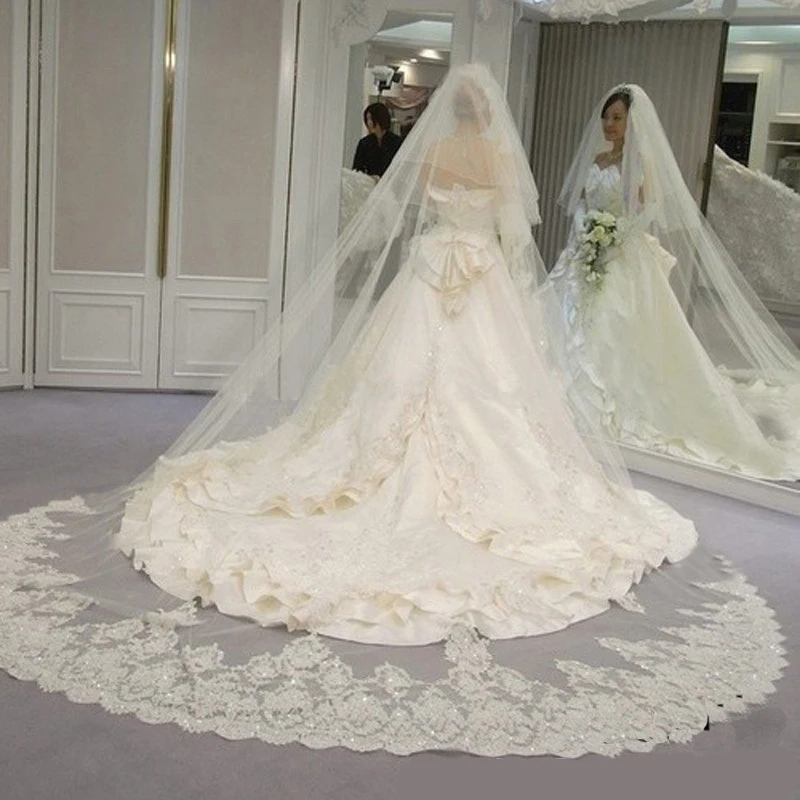 

Elegant 4 Meters Long Wedding Veils White Ivory Bridal Veils High Quality Lace Edge With Cover Face Veils Wedding Accessories