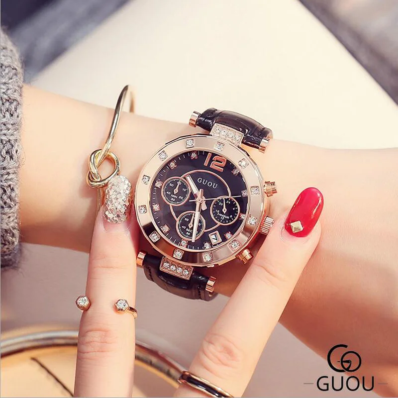 

GUOU Watch Luxury Diamond Ladies Watch Fashion Watch Women Leather Casual Women's Watches relojes para mujer relogio feminino