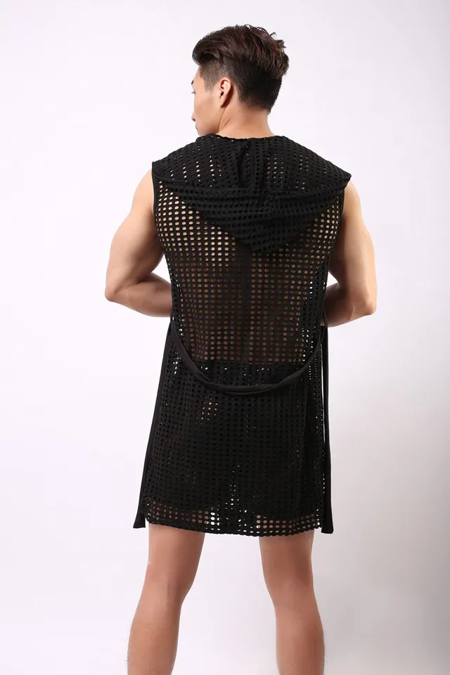 2017 Fashion HOT Men Robes Bathrobe Brand Sexy Fishnet See Inner Men Long Robe Sleepwear Mesh Hoodie Sleep Lounge Size S M L red and black plaid pajama pants