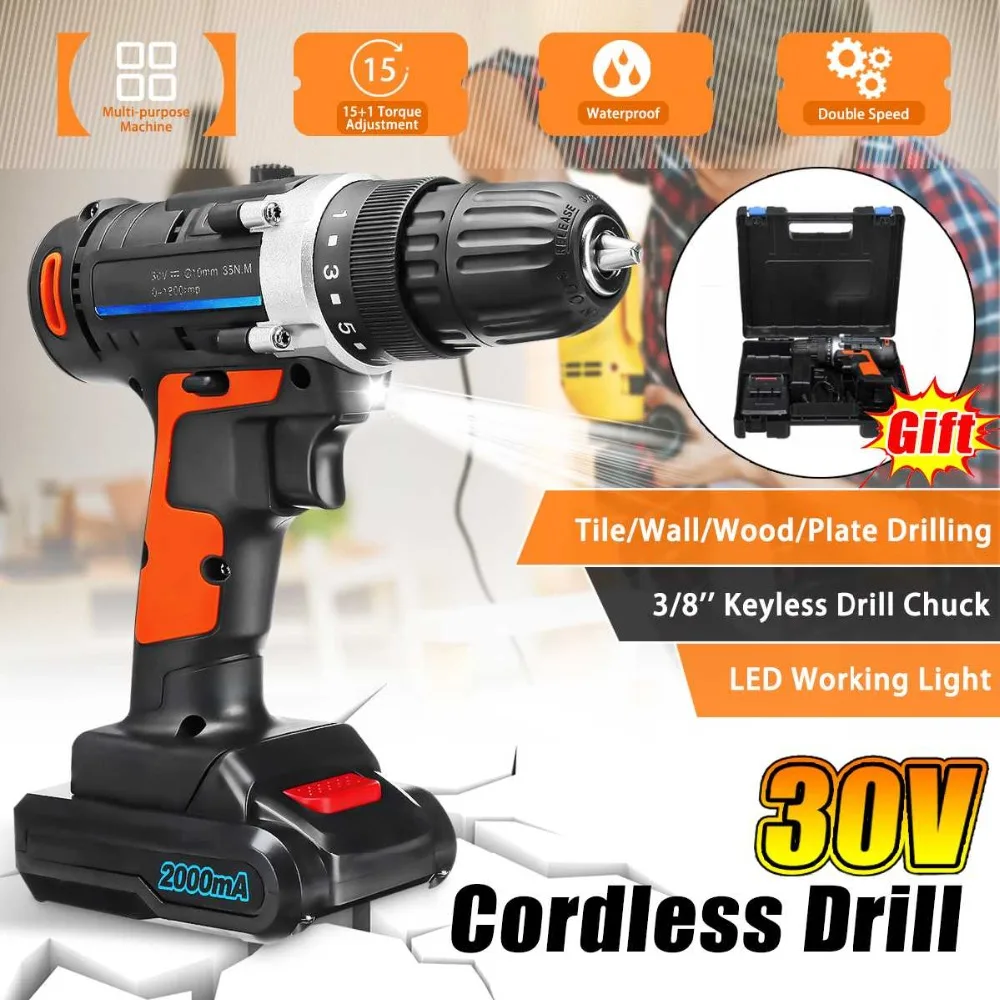 

Electric Screwdriver +Li-ion Battery 3/8" Drill Chuck Portable 30V Cordless Rechargeable Power Drill Driver LED Light Multi-tool