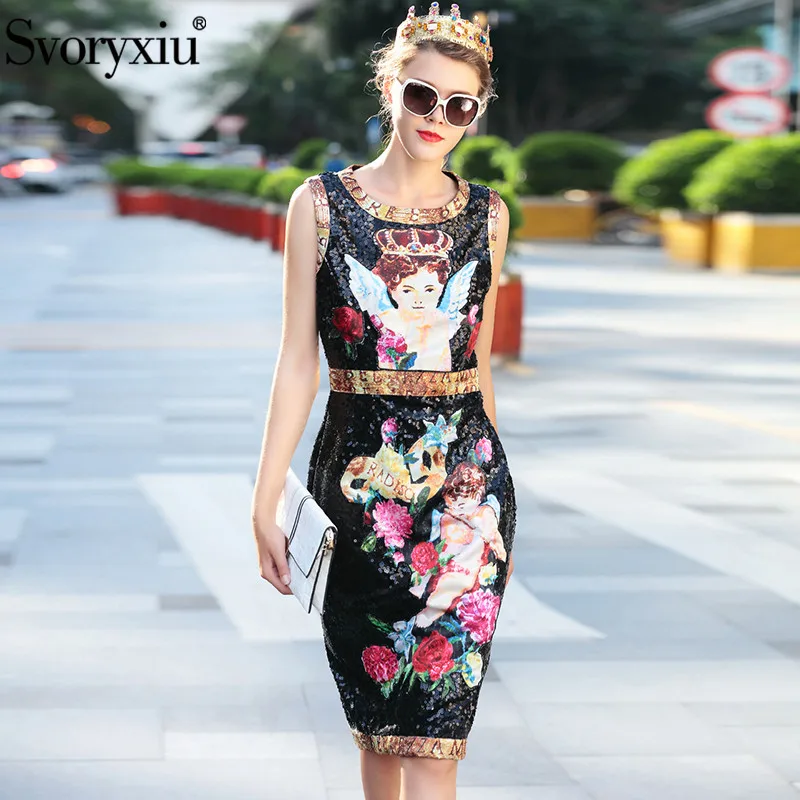 

Svoryxiu Runway Custom Sequined Dress Women's Sleeveless Rose Flower Angel Printed High Quality Party Sequined Midi Dress