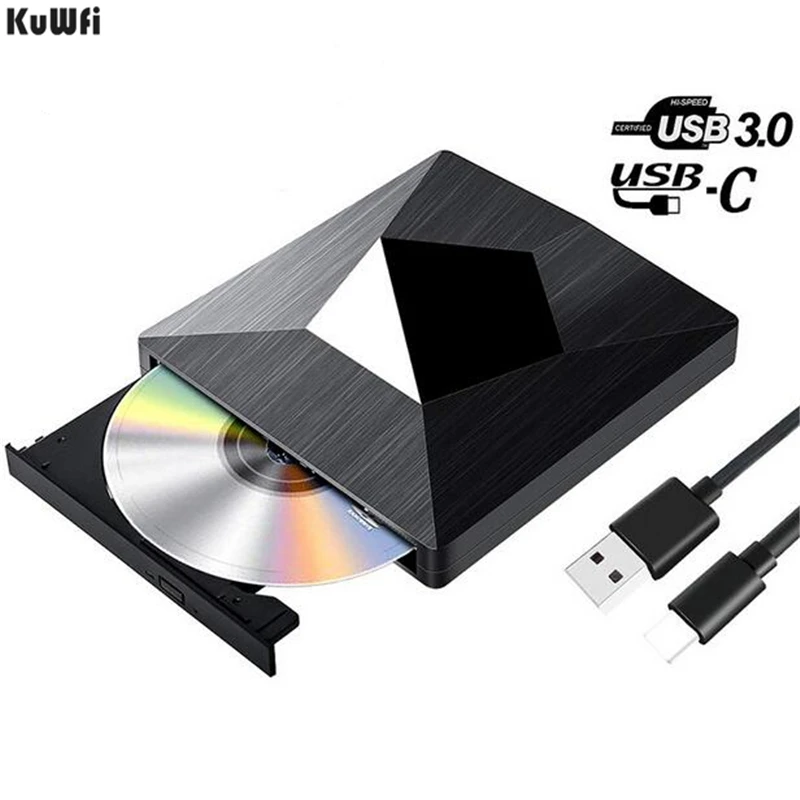

KuWFi USB3.0 External CD DVD Player Burner with Type C Portable CD-RW/DVD-RW Writer Reader DVD Drive External Optical Disc Drive