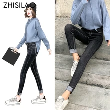 Обтягивающие джинсы, женские черные джинсы, женские джинсы с высокой эластичностью размера плюс, джинсы с высокой талией, узкие Стрейчевые женские потертые джинсовые брюки-карандаш с мехом